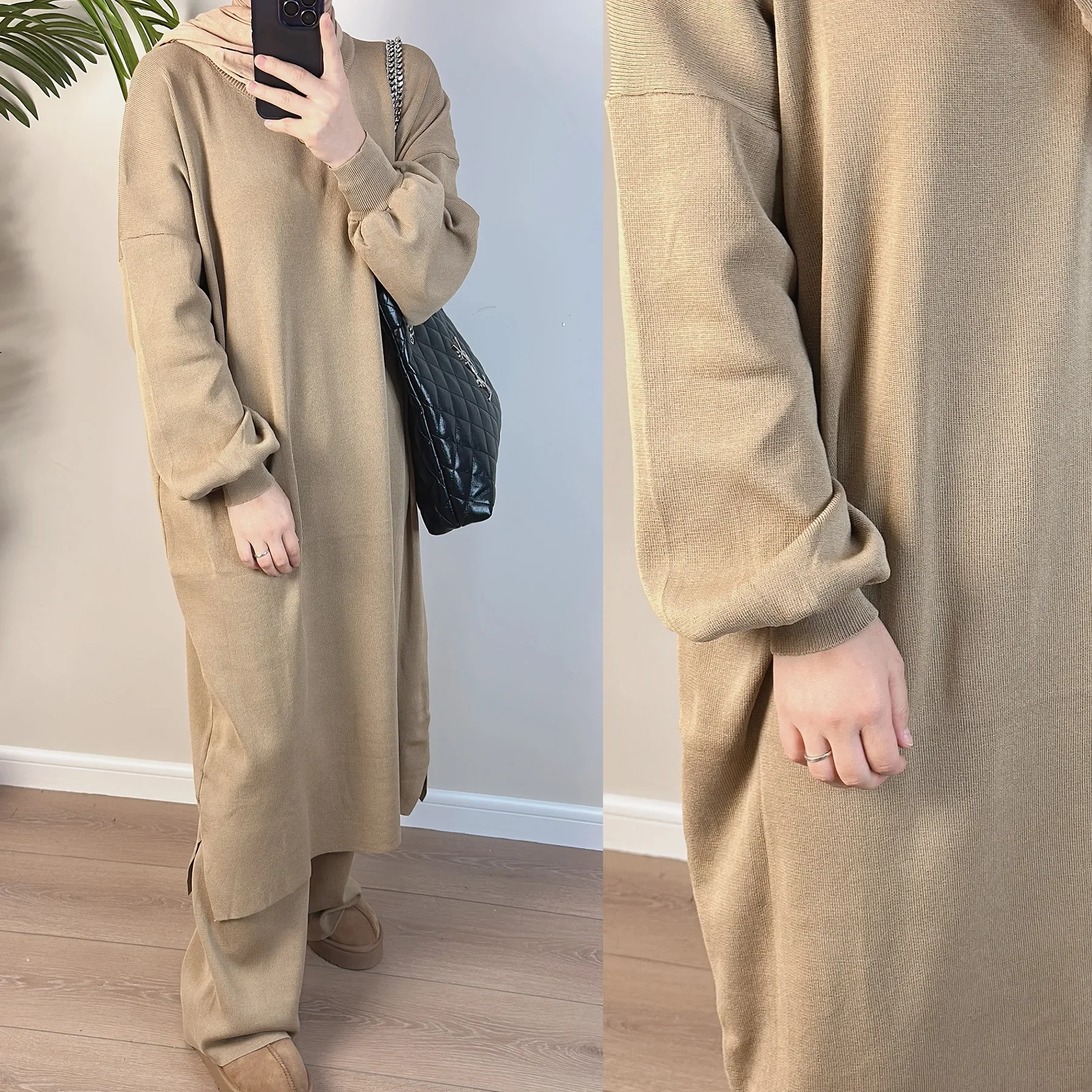 Winter 2 Piece Sets Muslim Women Outfit Thick Knitted Sweater Long Pullover Top and Pants Abaya Dress Set African Islam Clothes