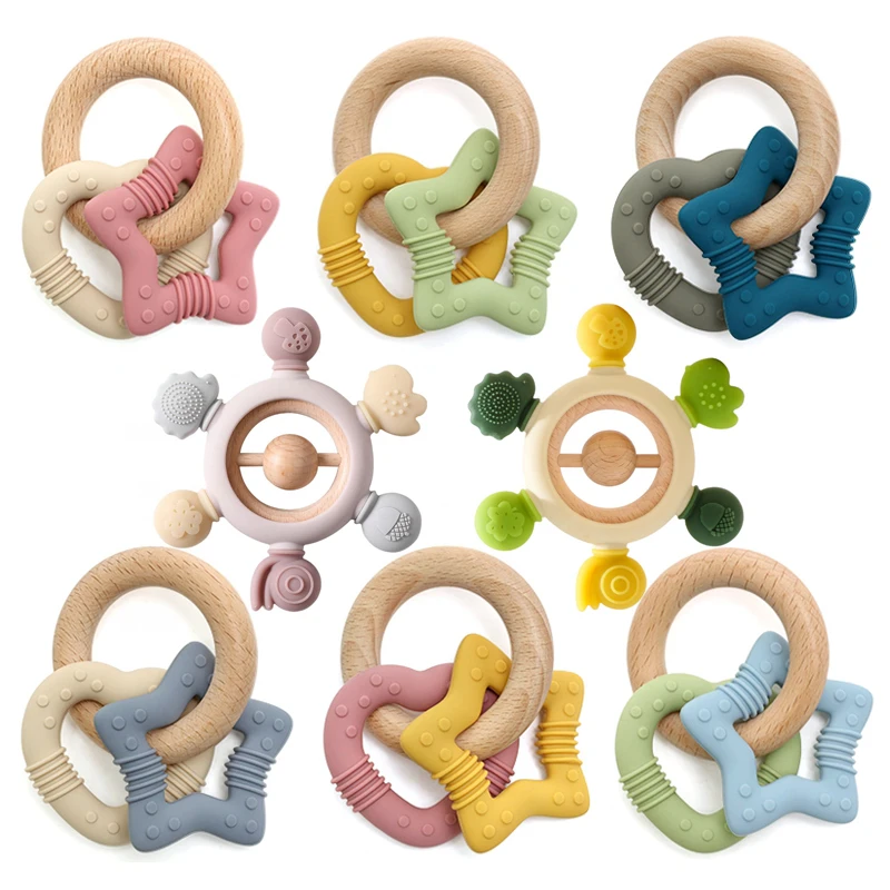 Baby Silicone Teether Toys Star Heart Wooden Ring Bracelet Teether Toys BPA Free Nursing Teething 1Pc For Nreborn Gift teething toys silicone teething toys