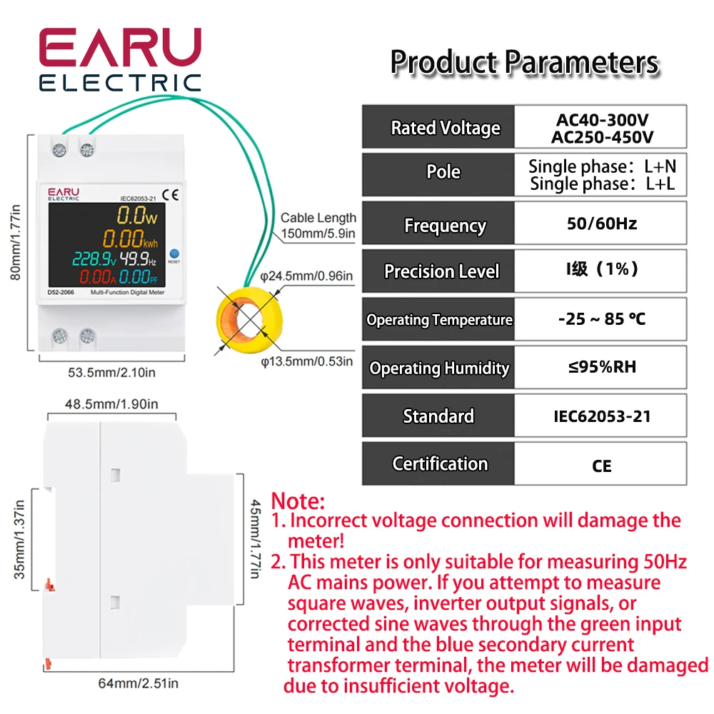 Energy Meter Din Rail Electricity Usage Monitor with Voltmeter, Ammeter, and Power Measurement Functions (AC 40-300V, 100A)