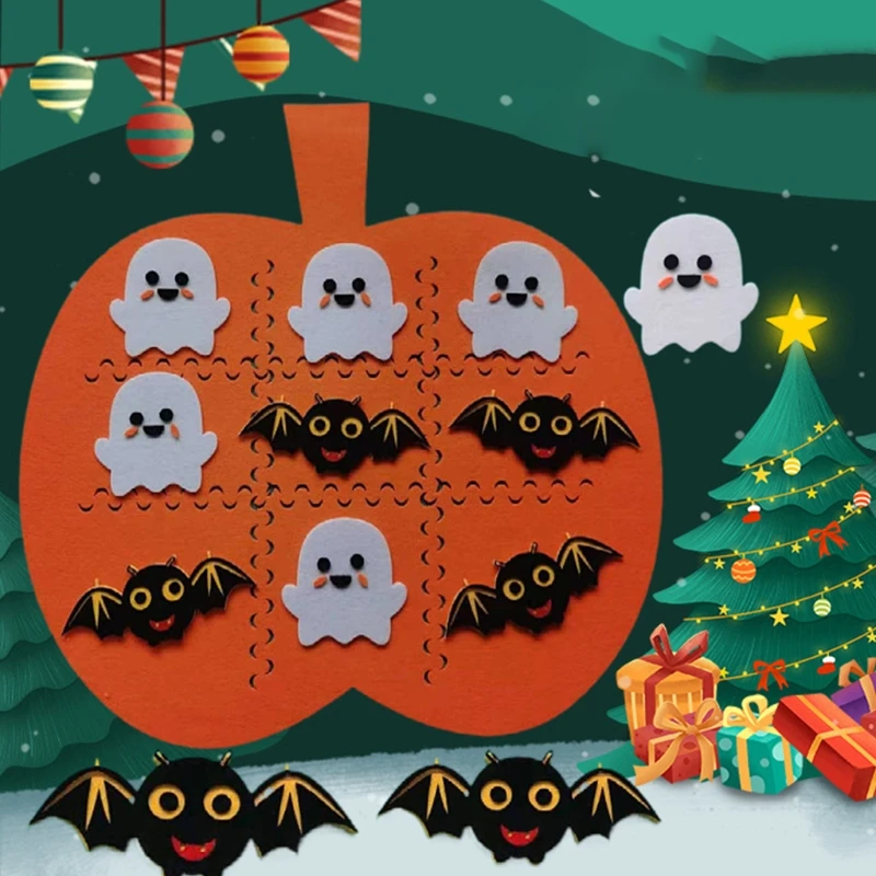 H55E Hallowen Tic-Tac-Toe 어린이를위한 펠트 퍼즐 보드 게임 Cartoom 유령 박쥐 호박 매트 체스 패드 부모-자녀 상호 작용 장난감