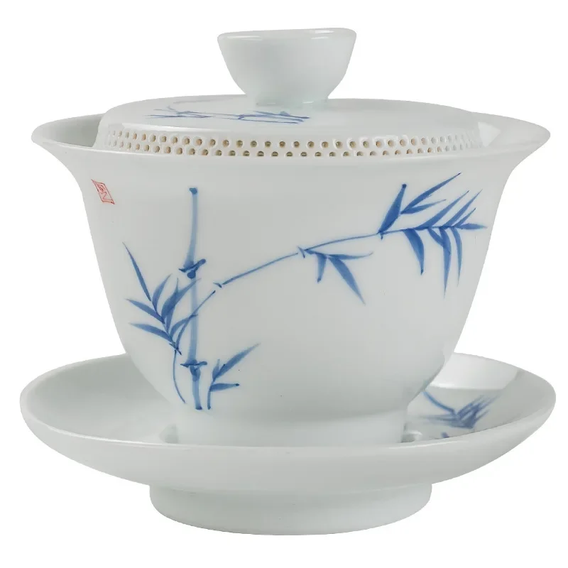 Chinese Kung Fu Teaware 360 &deg; Filtered Tea Bowl Sheep Fat Jade White Porcelain Gaiwan Anti Scalding Design Ceramic Tea Cup Set tea set