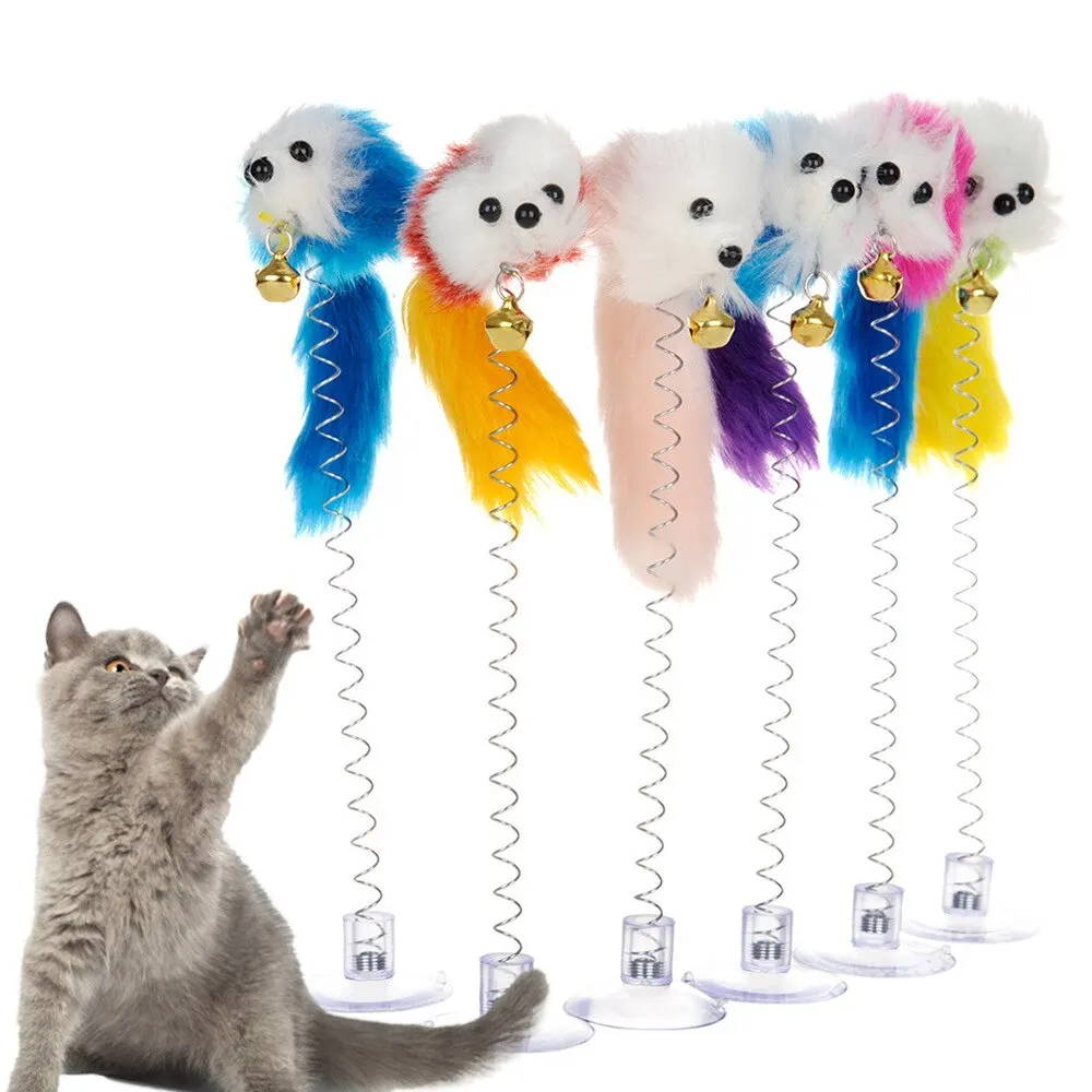 1pc Random Color Cat Toy Suction Cup Spring Mouse Teaser With Feather Bell  Design Suction Cup Cat Toy