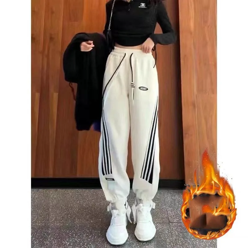 Women's Elastic Waist Striped Autumn Winter New Thick High Waist Drawstring Pockets Haren All-match Loose Casual Sports Pants women maternity pants sports sweat pants wide straight pregnancy trousers mama pants women with pockets