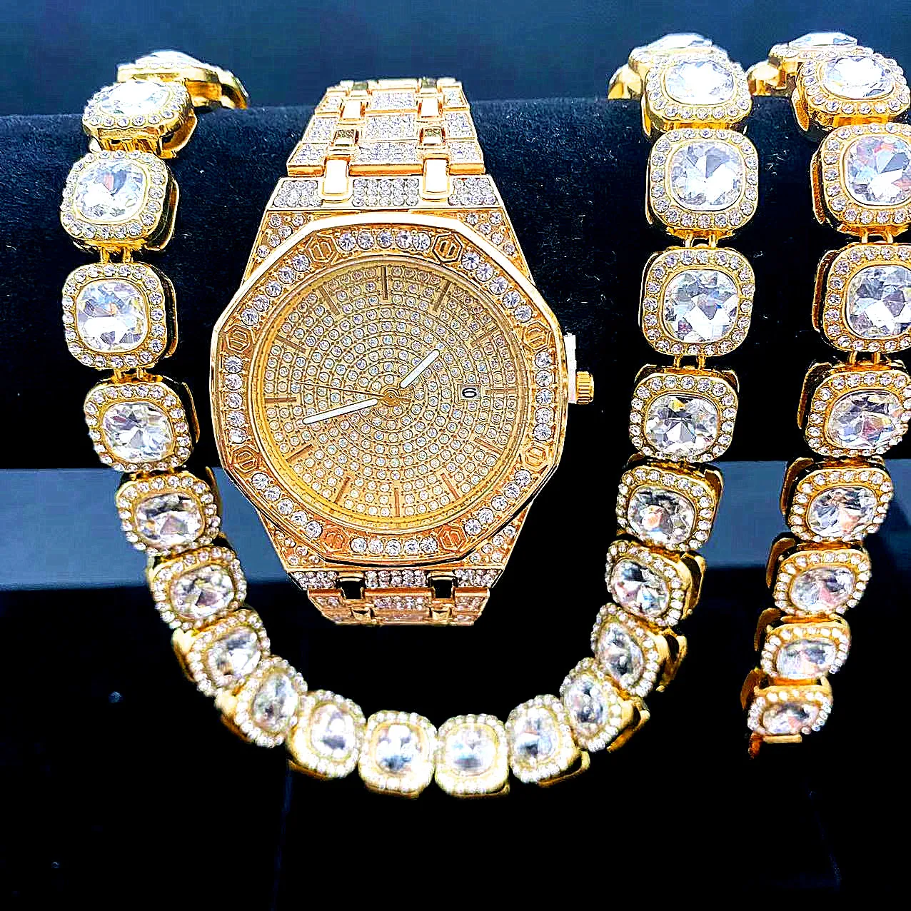 3PCS Iced Out Cuban Tennis Chains Necklace Watches Quartz Women Men's Silver Color Bracelet Set Hip Hop Clock Jewelry Gifts