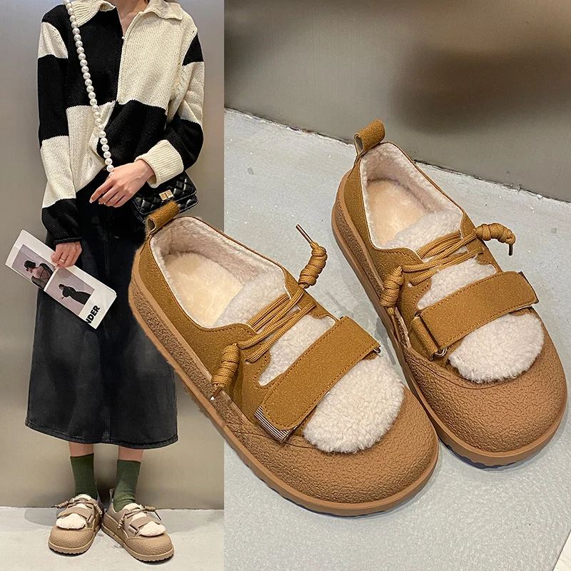 

Туфли женские без шнуровки, повседневные кроссовки, меховые лоферы, круглый носок, Мокасины, без застежки, на осень/зиму