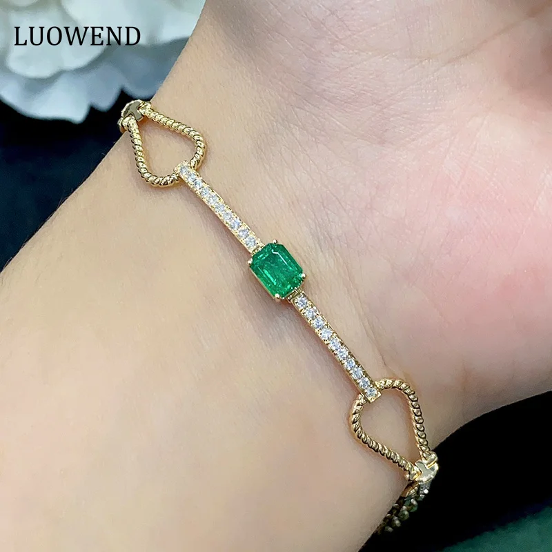 LUOWEND 100% 18K Yellow Gold Bracelet Real Natural Emerald Shiny Diamond Fashion Double Rope Design Luxury Jewelry for Lady