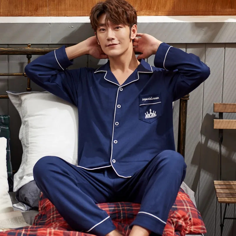 цена 2024 New Pajamas Men's Long Sleeve Cotton Sleepwear Spring Autumn Young Men Homewear Autumn Winter Casual V-neck Loungewear Set