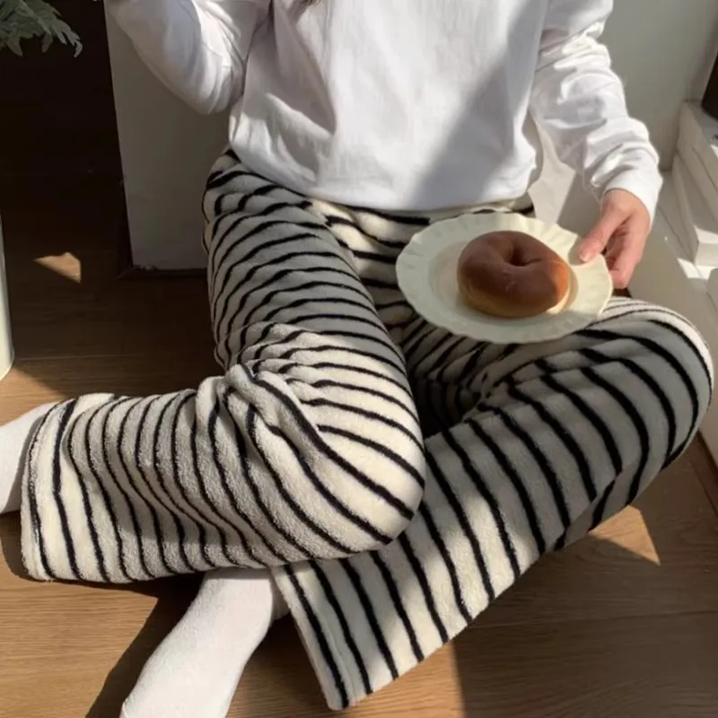 두꺼운 코랄 플리스 편안한 홈웨어 긴 바지 레오파드 프린트 잠옷 루즈핏 워킹 팬츠 스트레이트 레그 겨울 홈웨어