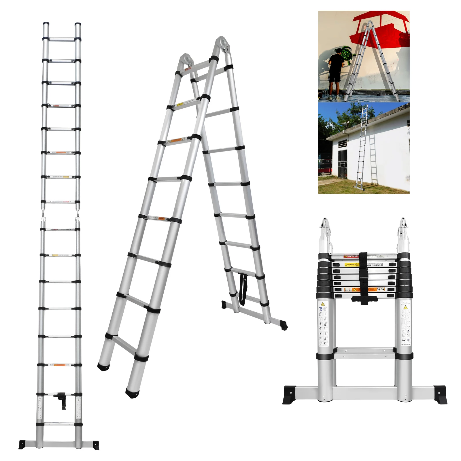 3.8M/5M Aluminium Telescopic Ladder Heavy Duty Multi-Purpose A-Frame Sturdy Folding Ladder No-slip 150kg Load Capacity work ladder platform