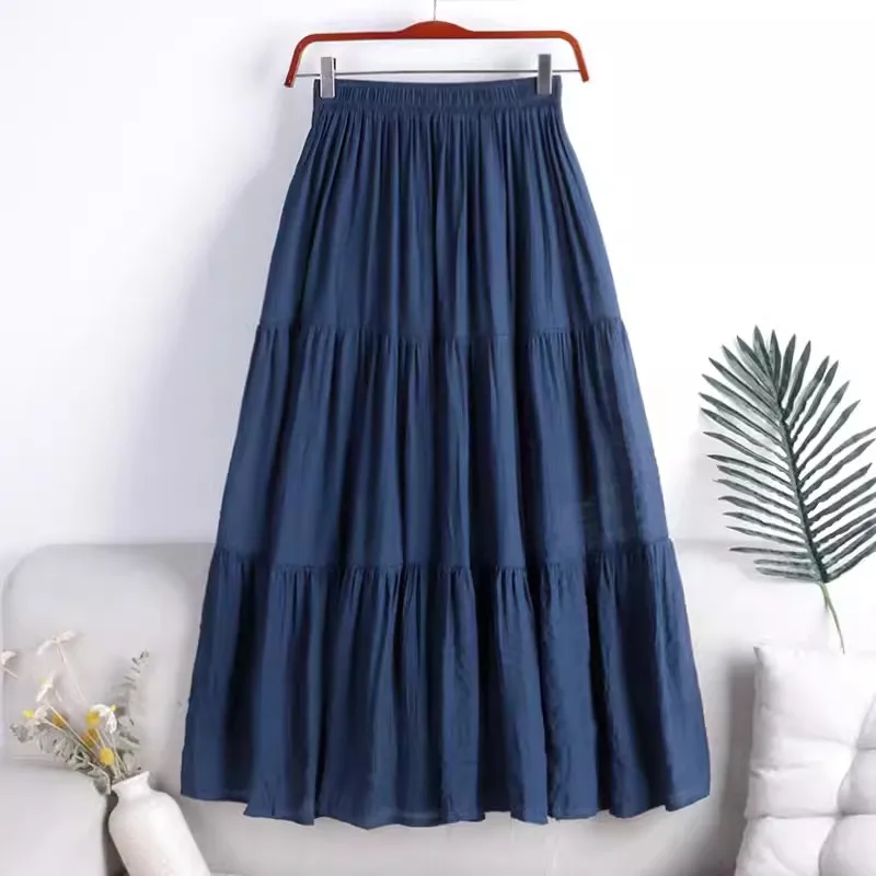 

High waisted Cotton and linen Half length Skirt For women's Summer Fashion Slim Solid color Large swing Cake Skirts Female