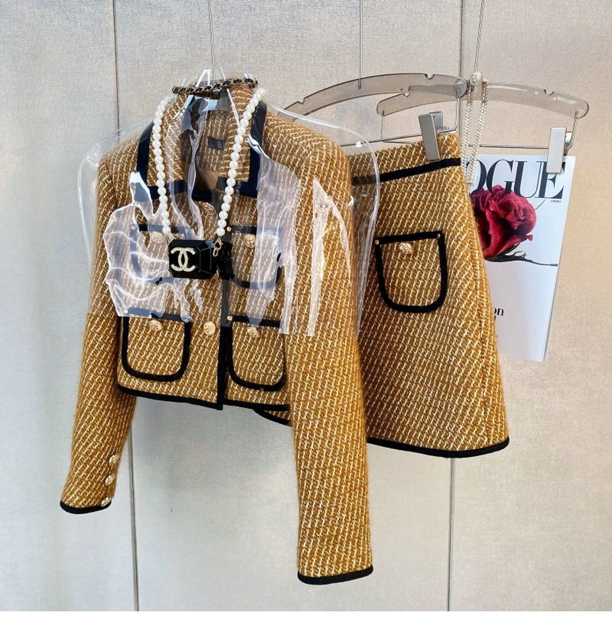 Women Elegant Tweed Yellow Suit Jacket Coat Top And A Line Skirt Two