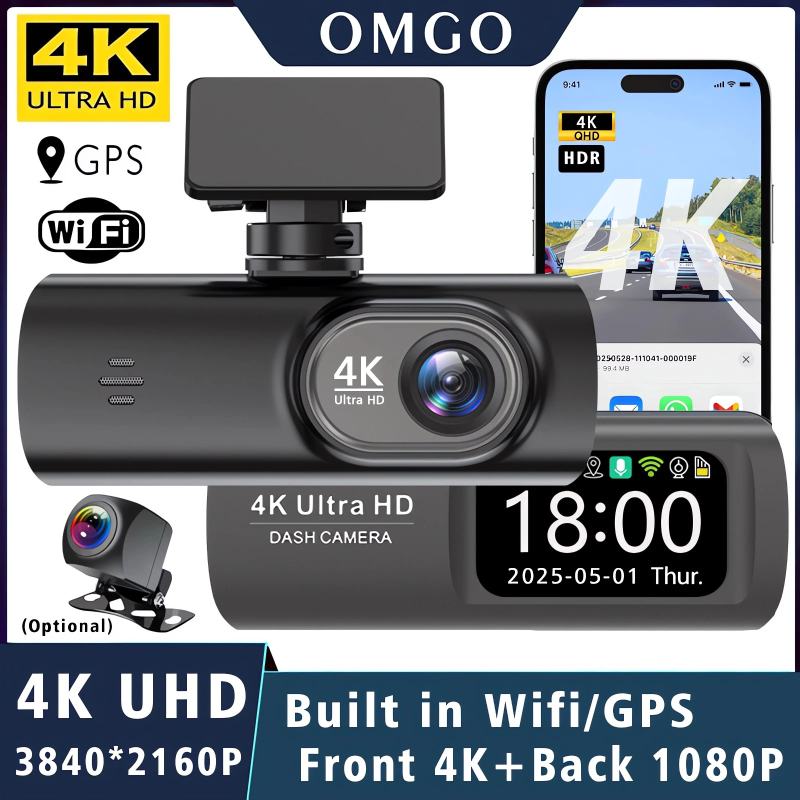 Dash Cam 4K+1080P Dual Lens WIFI GPS Car DVR Camera Video Drive Recorder Dashcam Dual Lens Black Box Front and Rear Night Vision 1