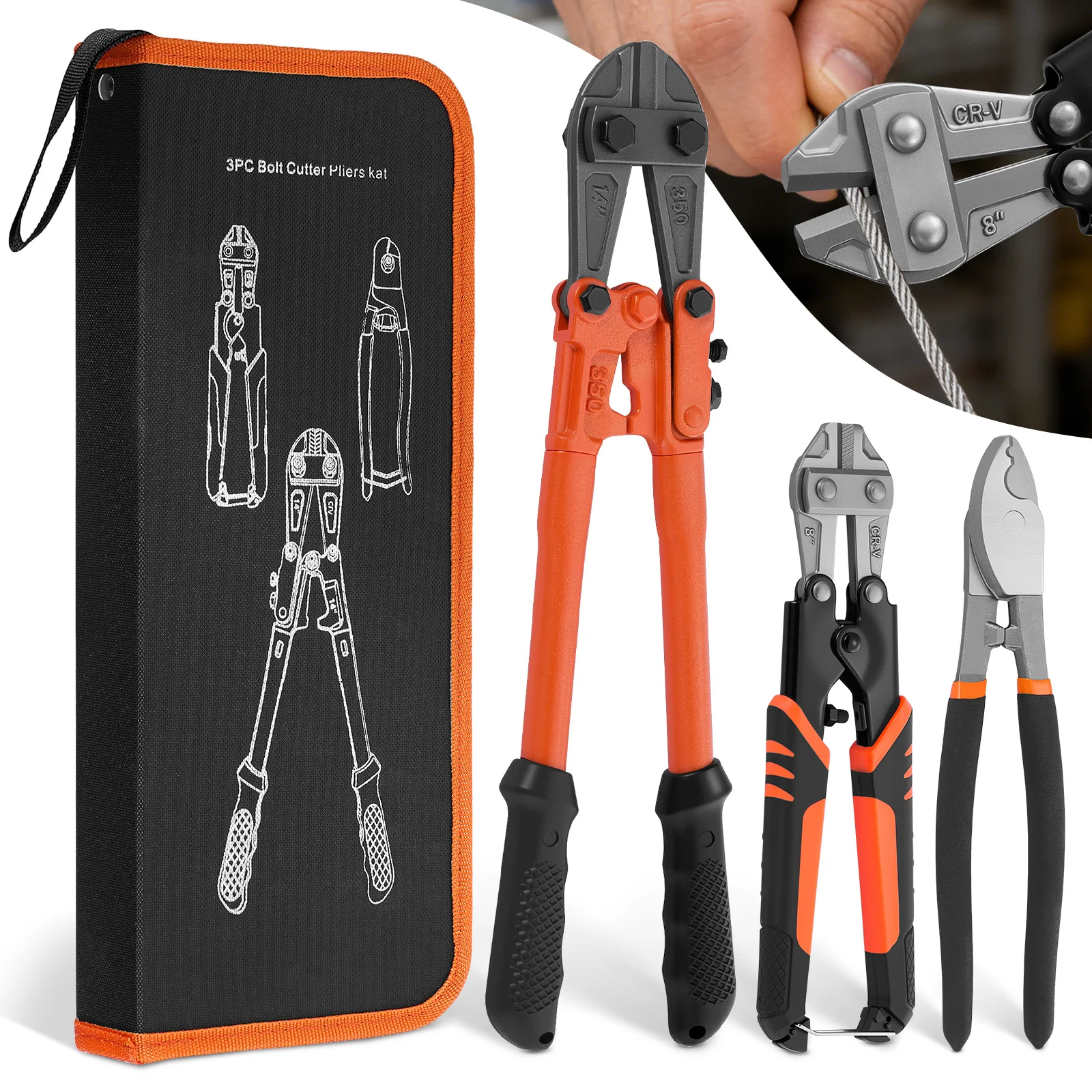 3Pcs Bolt Cutter Pliers 14" Heavy Duty Bolt Cutter 8" Mini Bolt Cutter 8" Wire Cable Cutter, for Cutting Locks Chains Iron Wire