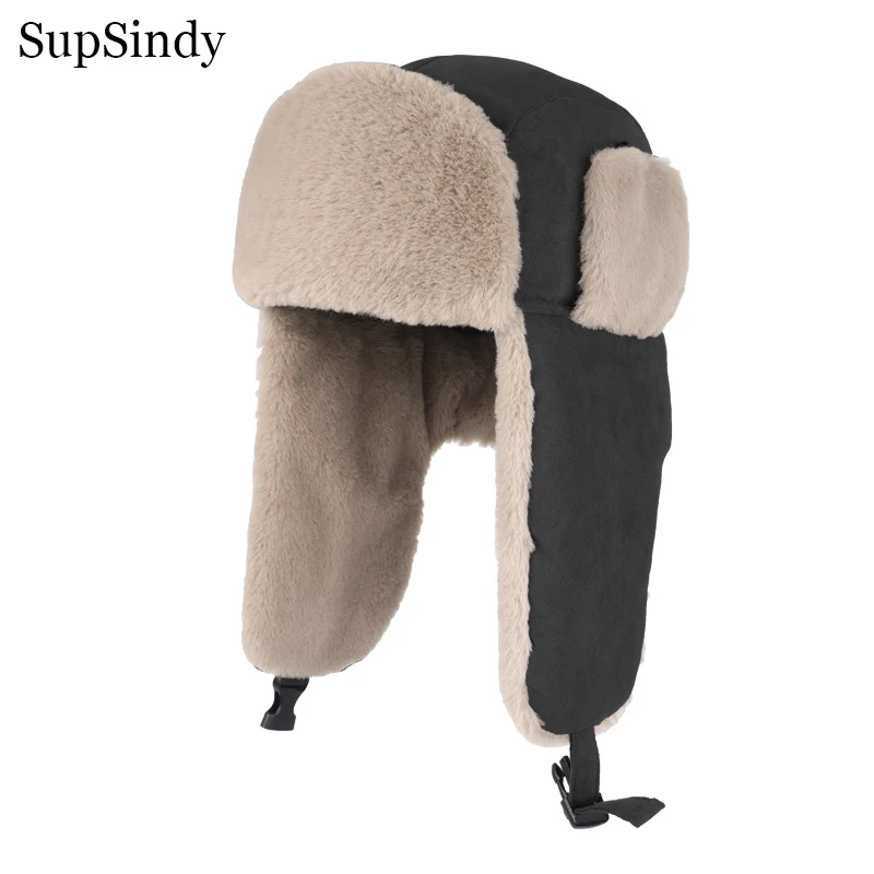 

SupSindy Men Winter Bomber Hat Black Pilot Ushanka Warm Faux Rabbit Fur Windproof Thermal Earflap Hats For Women Outdoor Ski Cap