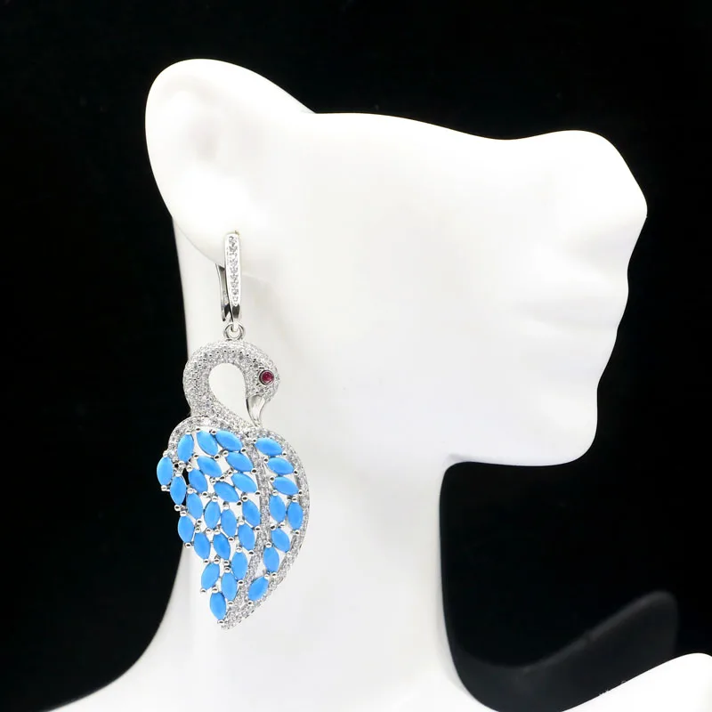 

62x24mm Eye Catching Swan Shape Blue Turquoise Pink Morganite Tourmaline White CZ Silver Earrings