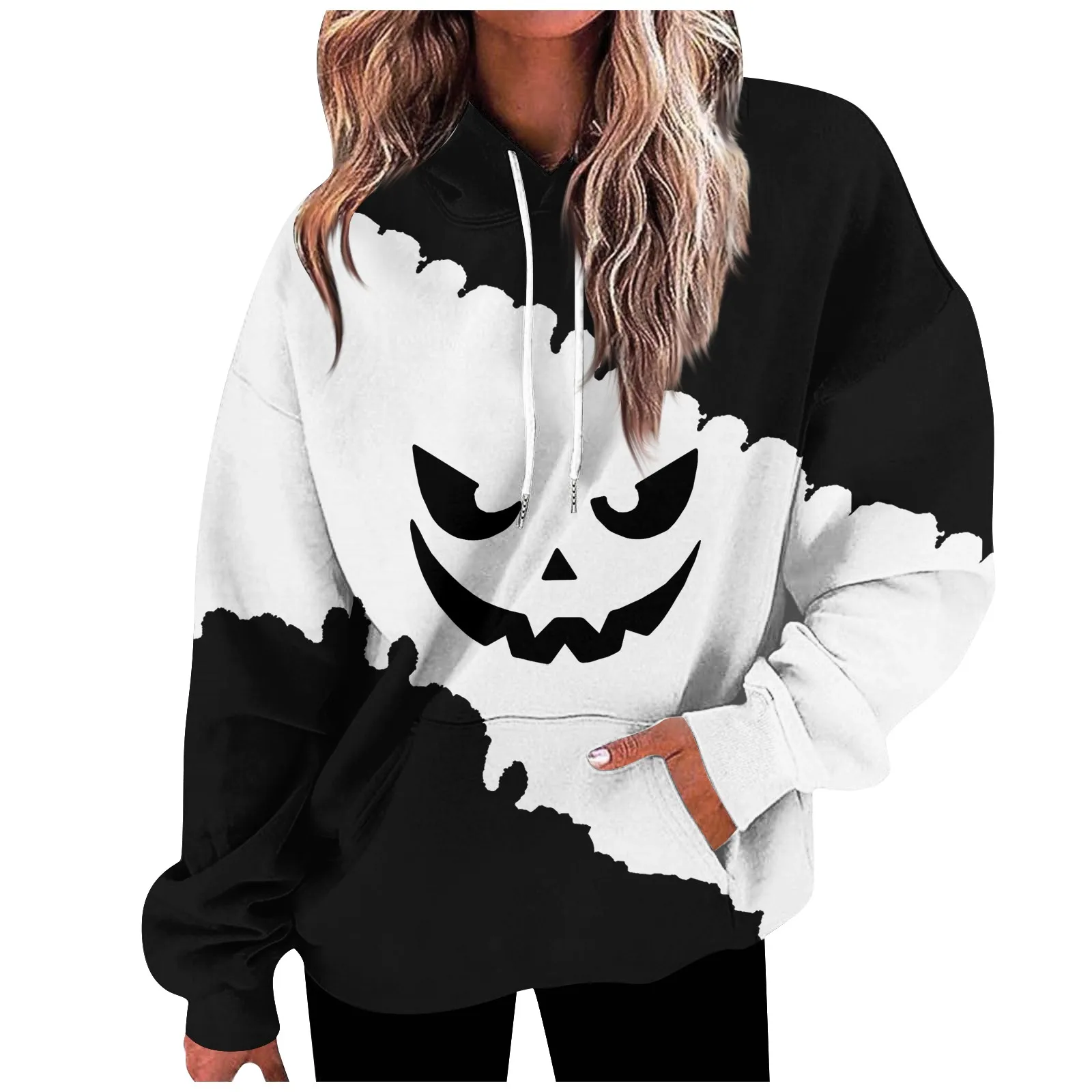 

Woman'S Fashion Daily Loose Casual Daily Long Sleeve Hoodie Halloween Smile Print Thickened Warm Sweatshirt Top свитшот женский