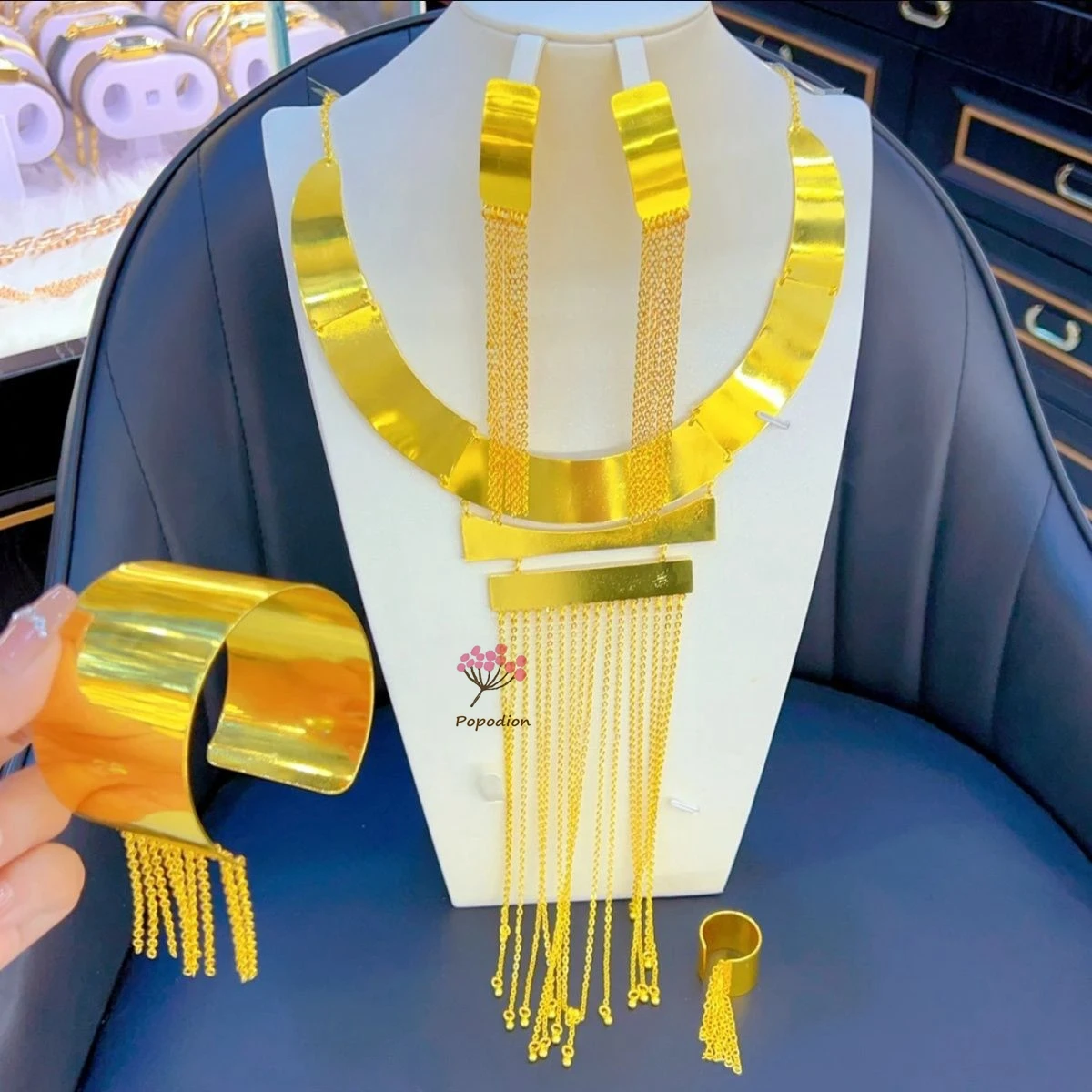 Dubai Bridal White CZ Tassel Necklace Set – Luxury Wedding Jewelry Gift for Women