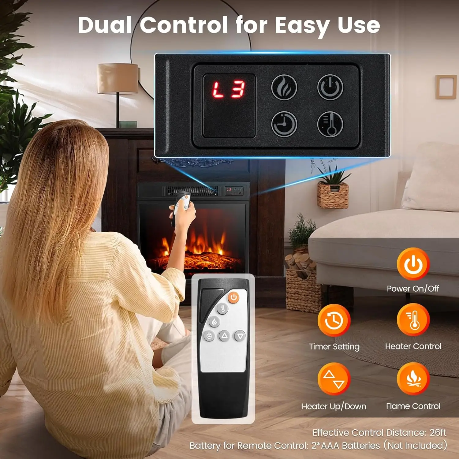 Electric Fireplace with Mantel, 1400W Freestanding Mantel Fireplace Heater with Remote Control, 3 Flame Brightness, Thermostat
