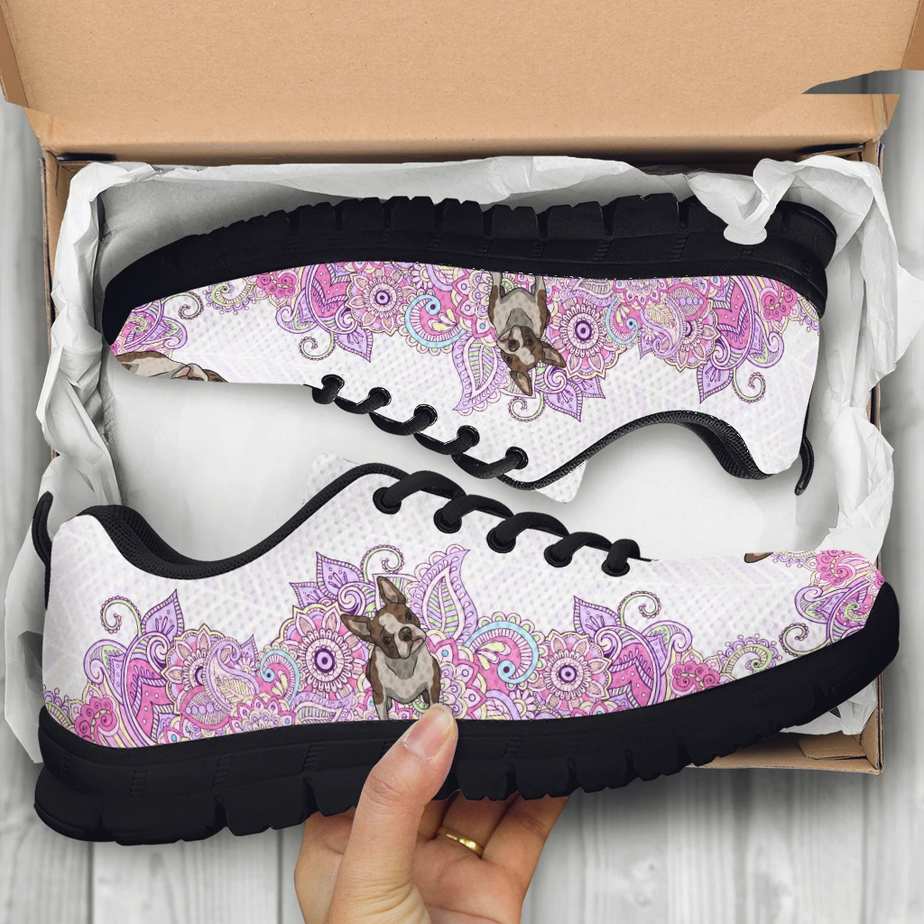 Fashion Lavender Bohemian Mandala Flower Design Boston Terrier Print Lightweight Outdoor Sneakers Lace Up Shoes