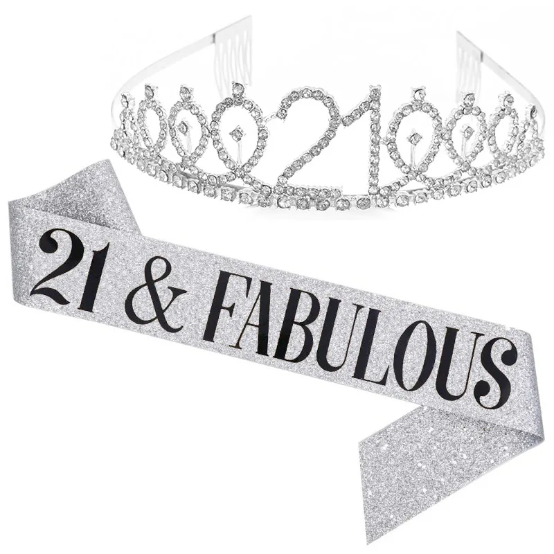 2PCS Fashion Birthday Party Set Women Girls Crowns With Combs Etiquette Belt Princess Tiaras Diadems 10 13 18 21 30 40 Years Old hair accessories bridal hair accessories crown headband bridal jewelry set