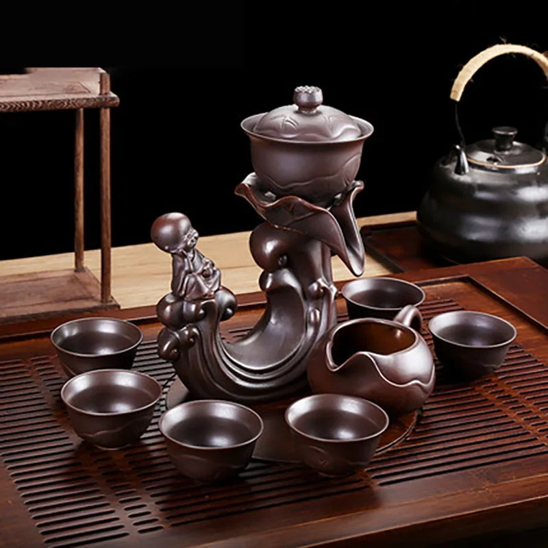 Automatic Stone-Mill Ceramic Lazy Teapot, Grinding Tea Set, Rotating Water, Tea Ceremony, Service