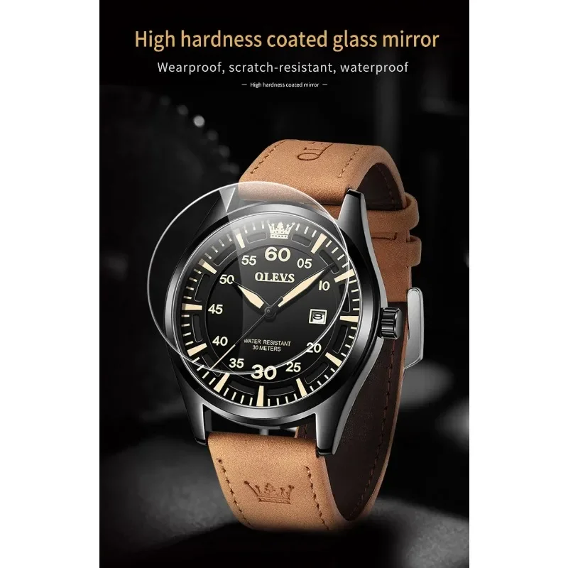 OLEVS Men's Watch Luxury Brand Quartz Movement Sports Leather Watch Waterproof Luminous Calendar 43MM Dial Large Watch