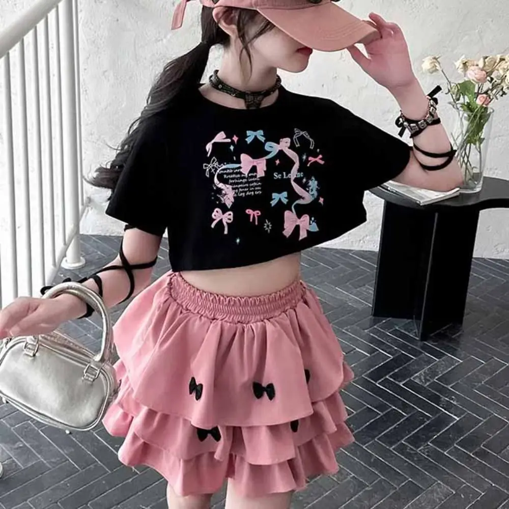 Outfits Y2K Bow Children Cake Skirt Set Pleated Teenagers T-shirt Skirt Suit Sweet Slim Fit Girls Clothes Set Party