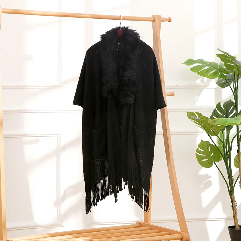 6 Colors 2022 Black Winter Warm Long Capes Loose Poncho Knitwear Women Faux Fur Streetwear Knited Tassel Coat With Pocket