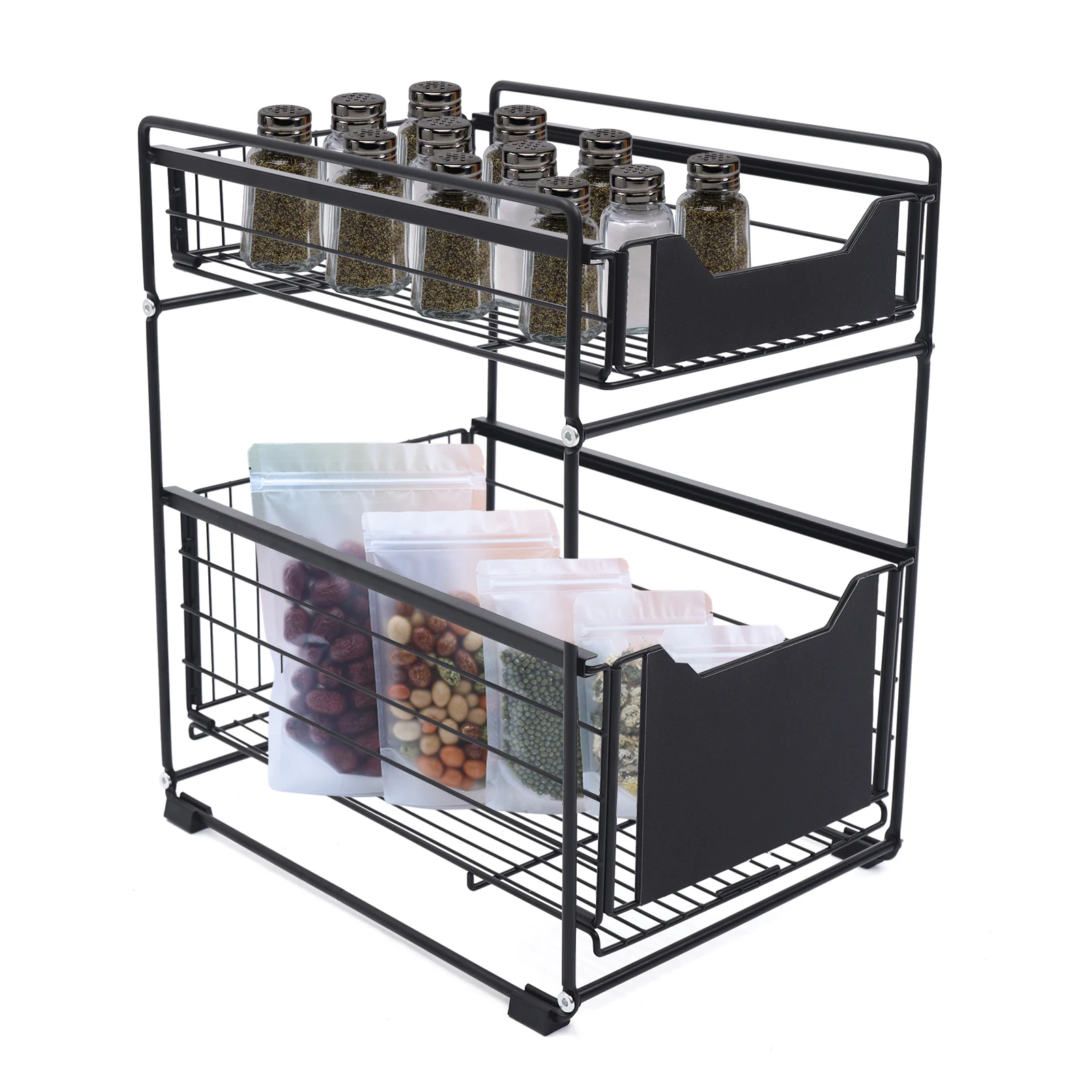 Pull Out Cabinet Organizer, 2-Tier Metal Storage Rack, Height Adjustable Spice Rack, Kitchen & Bathroom Spice Racks, Heavy Duty
