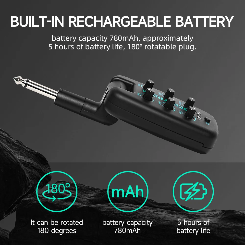 Pocket Rock Headphone Amplifier Guitar Bass Effects Portable Rechargeable Plug-In Amp Built-in 9 Different Amplifier Tones