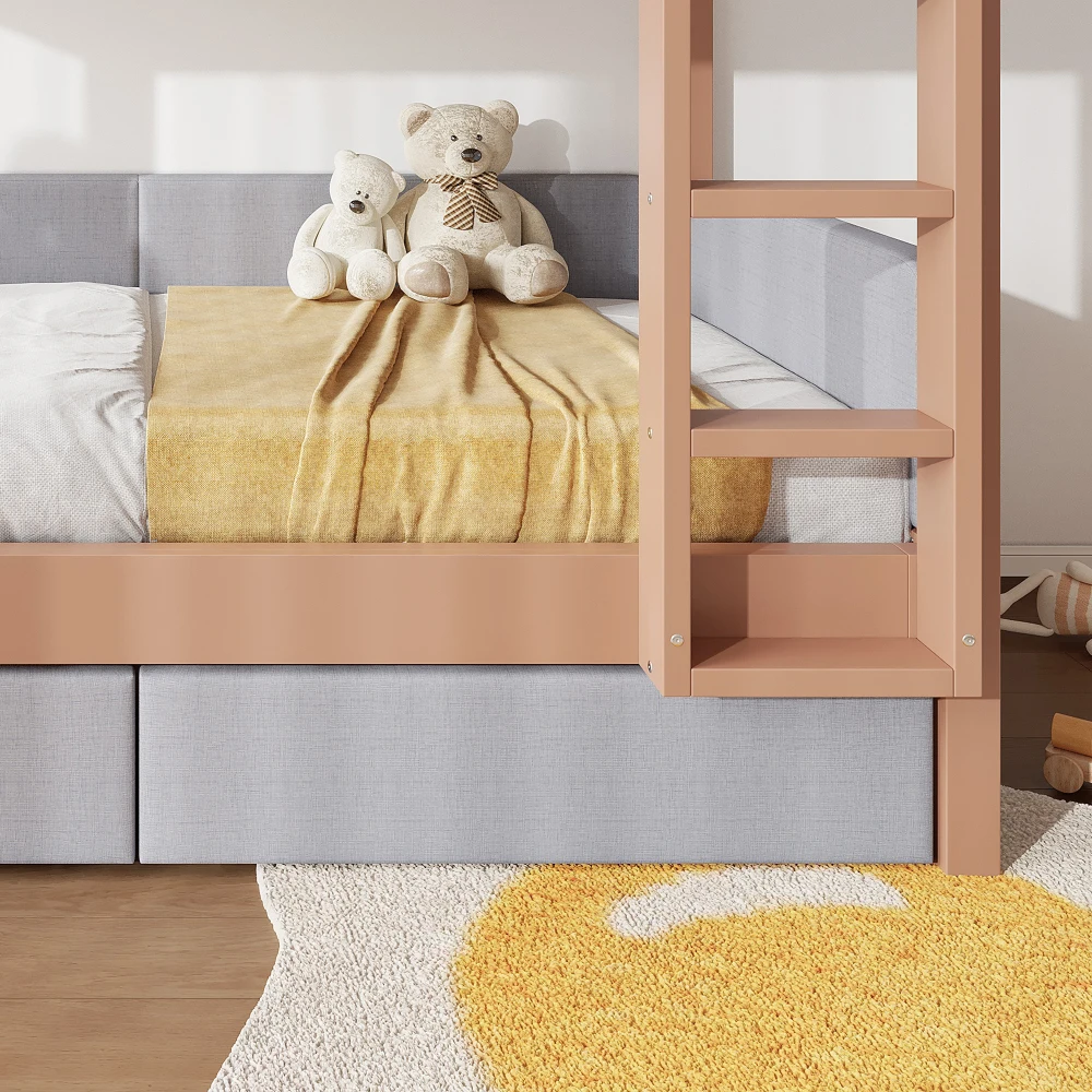 90x200cm Holz-Etagenbett für Kinder, Babybett mit weichem Anti-Kollisions-Schaumstoffrand, 4-stufige gerade Treppe, 2 Schubladen, stabile Lattenroste, sicher – Detail 21