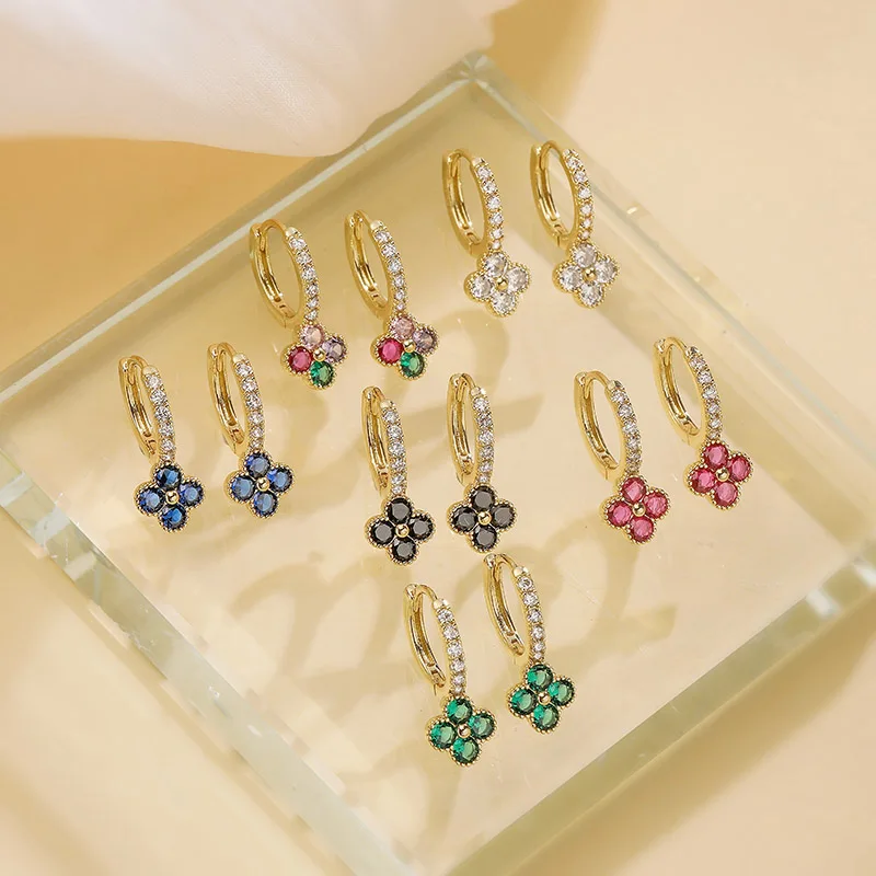 18K Golden Plated CZ Stone Sparkling Small Flower 4 Leaf Flower Women S Jewelry Luxury Earrings flower earrings golden earrings