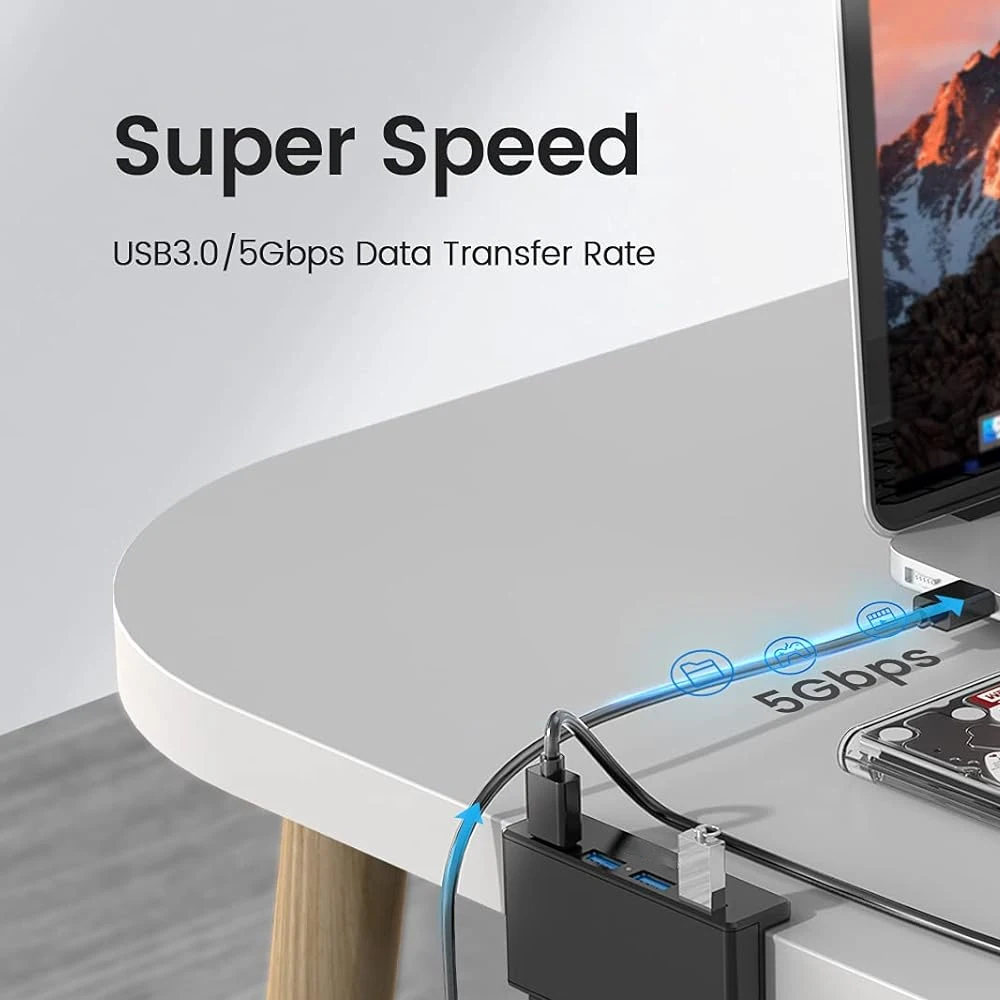 Aluminum 4-Port USB Hub with High-Speed Data Transmission and Power Supply