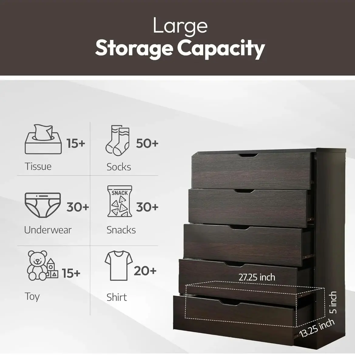 Five drawer clothes and storage chest cabinet in red cocoa chocolate faux wood grain and metal glides