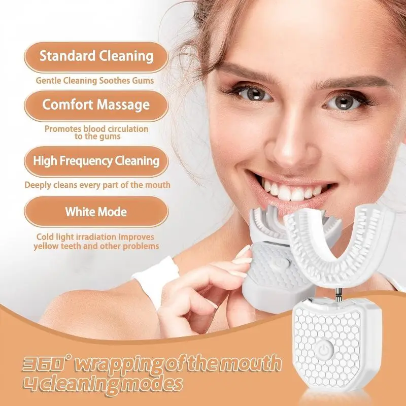 치아 미백 램프, U자형 초음파 무선 전동 칫솔, 360 °   게으른 성인용 실리콘 칫솔 세트