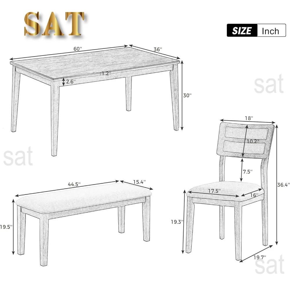 6-Piece Wooden Dining Table Set with 4 Upholstered Chairs and 1 Bench, Natural Wood Wash, Kitchen Table Sets