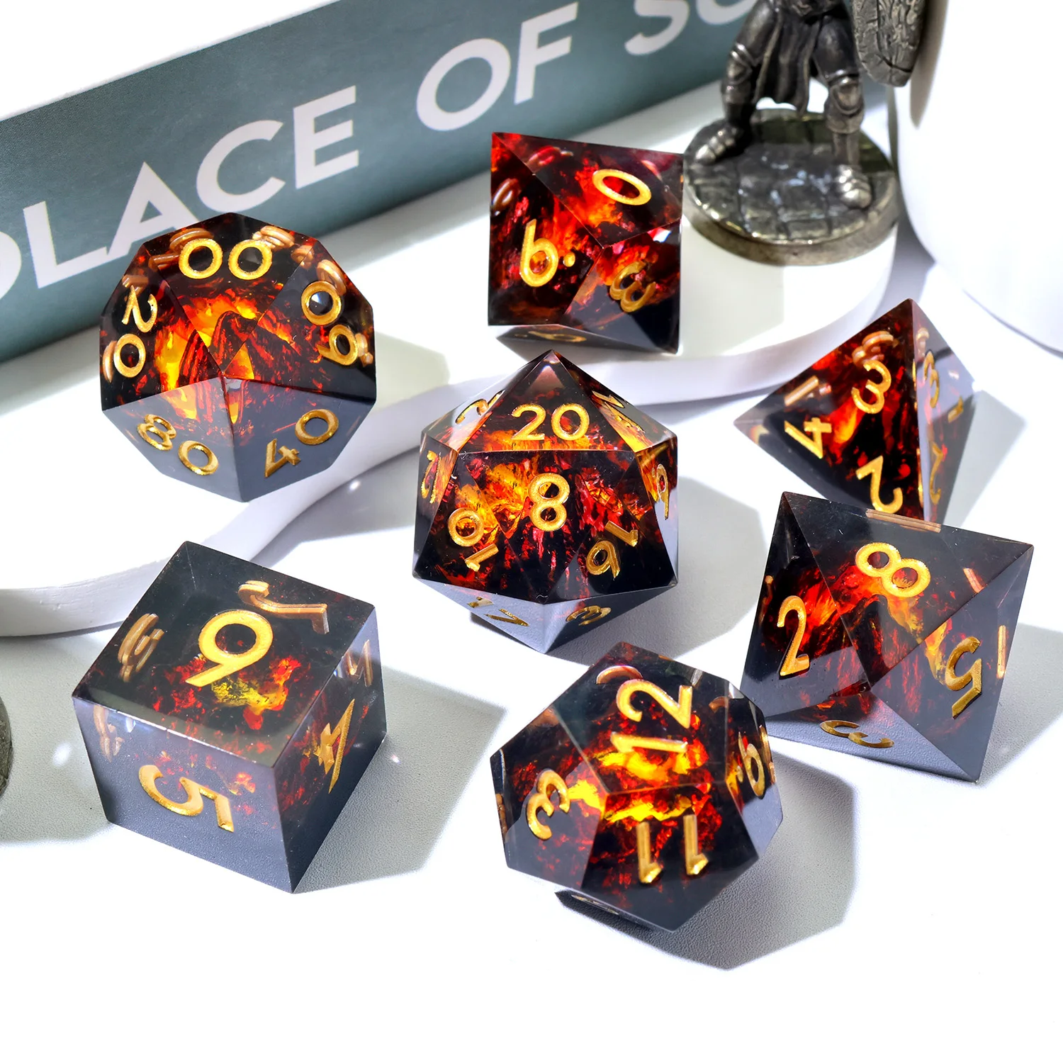 Volcanic Dragon's Lair Handmade Polyhedral Resin RPG Dice Set - Red