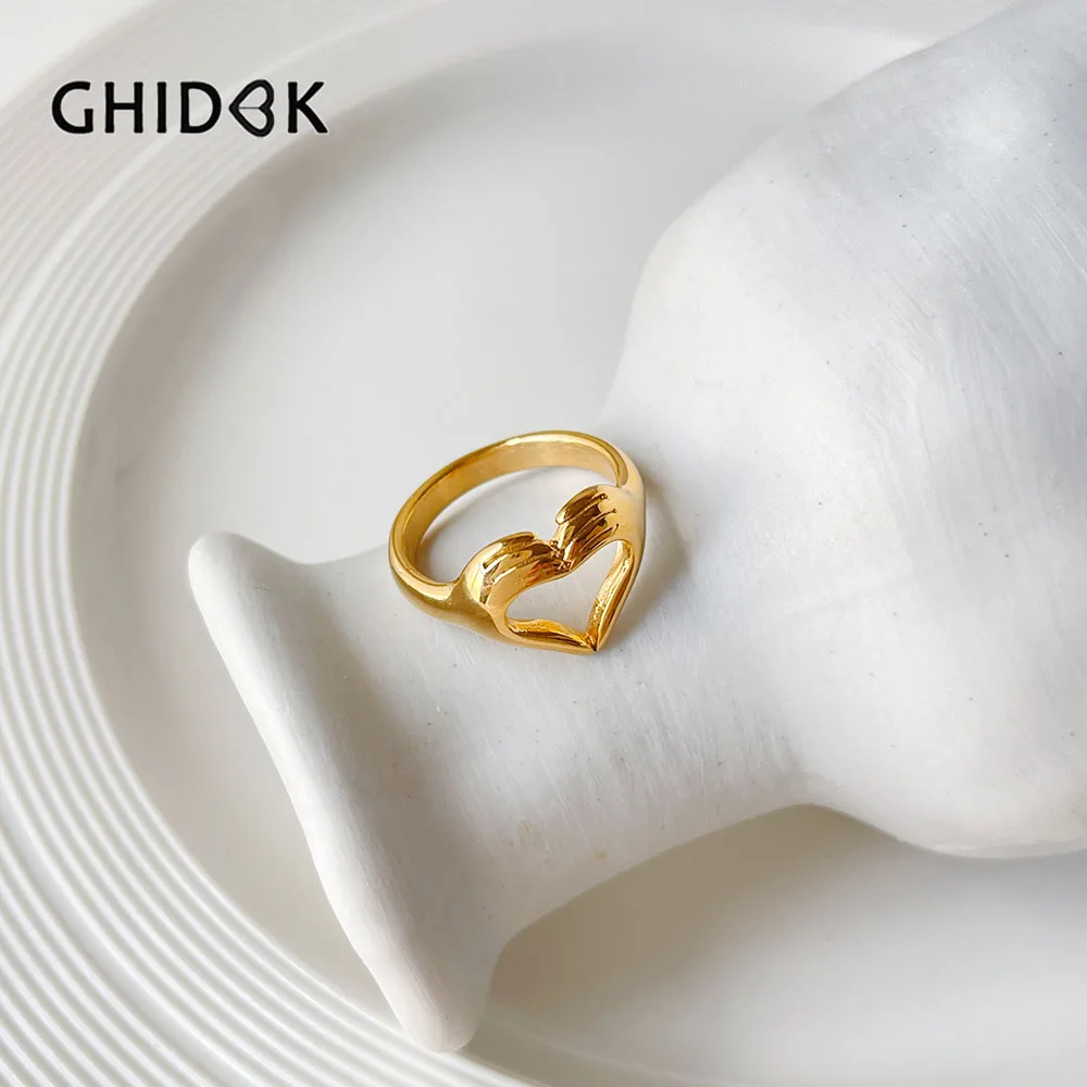 GHIDBK Creative Stainless Steel Hollow Heart Hand Gesture Ring Chunky Gold PVD Plated Love Promise Rings Men Women Jewelry