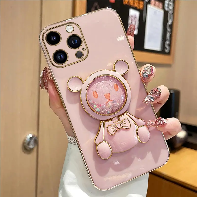 Coque de téléphone avec support de téléphone, miroir de sable mouvant, ours mignon, pour iPhone 14 11 12 13 Pro Mini 8 7 6 6S Plus 10 X Xr Xs Max Se_voghion.com