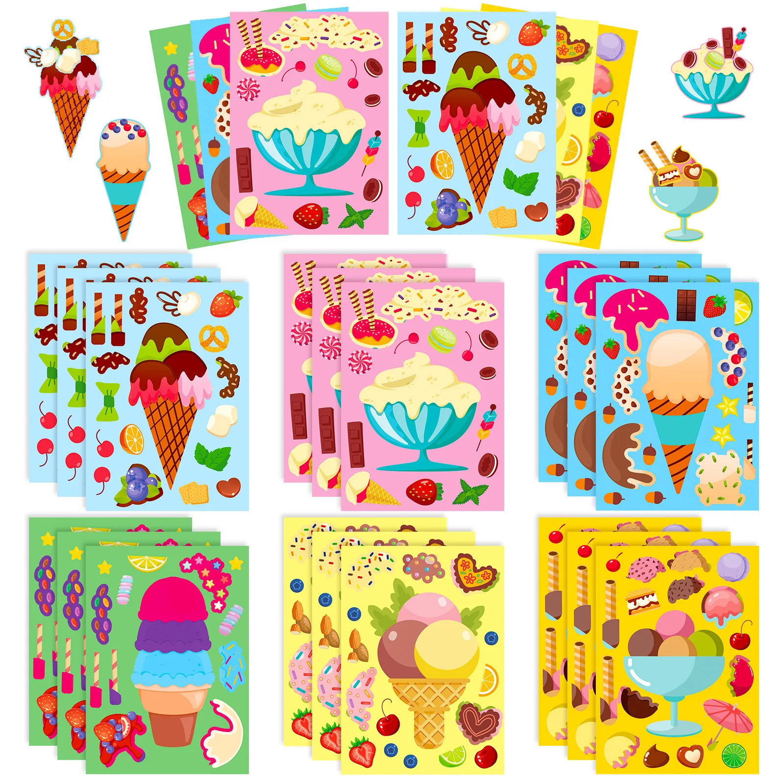 6/12/18PCS Ice Cream Dessert Puzzle Sticker DIY Cute Food Cartoon Sweetener Face Changing Sticker for Kids