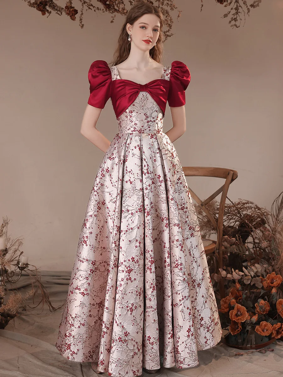 

Floral Print Evening Dress Luxurious Satin Fold Bow princess Puff Sleeve Engagement Gown Elegant Lace Up Backless Formal Vestido