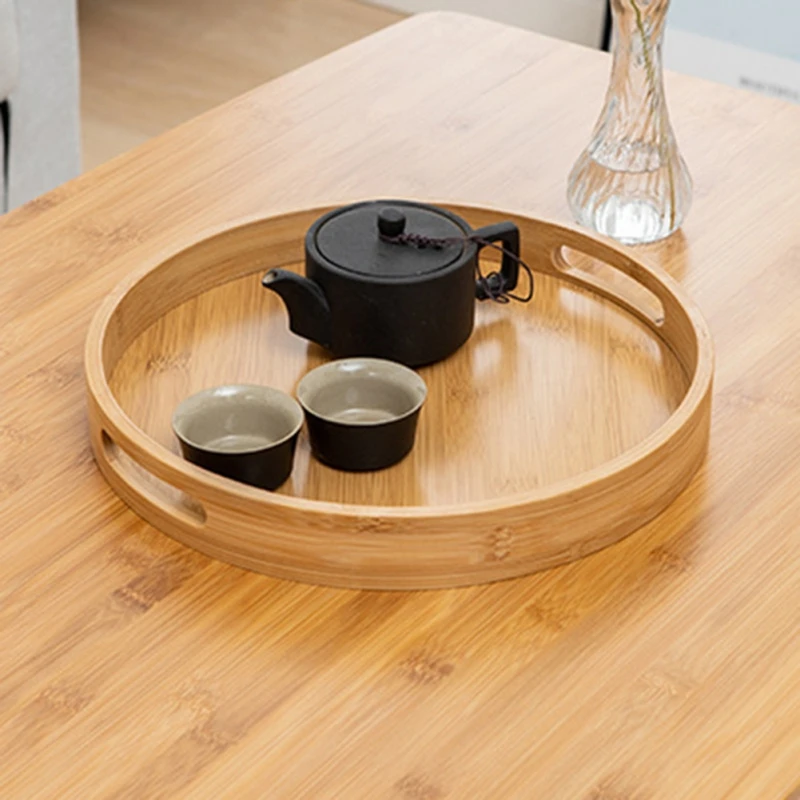 Wooden Round Serving Tray With Handles 3-Pcs Set