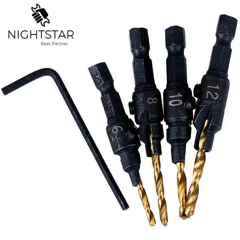

Krachtige 4PCS 1/4 Hex Quick Change Shank Countersink Tapered Drill Bit Cone Titanium Drill Bit Set 6# 8# 10# 12#