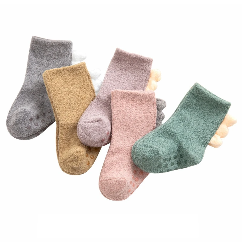 

5 Pair Newborn Coral Velvet Dinosaur Socks Baby Boys & Girls Solid Candy Color Toddler Anti-Slip Warm Sleep Socks