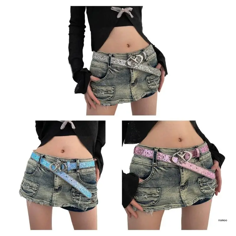 

Delicate Adjustable Pin Buckle Belt Woman Harajuku Full Sequins Waist Belts Cowgirl Y2k Girls Belt for Jeans Men
