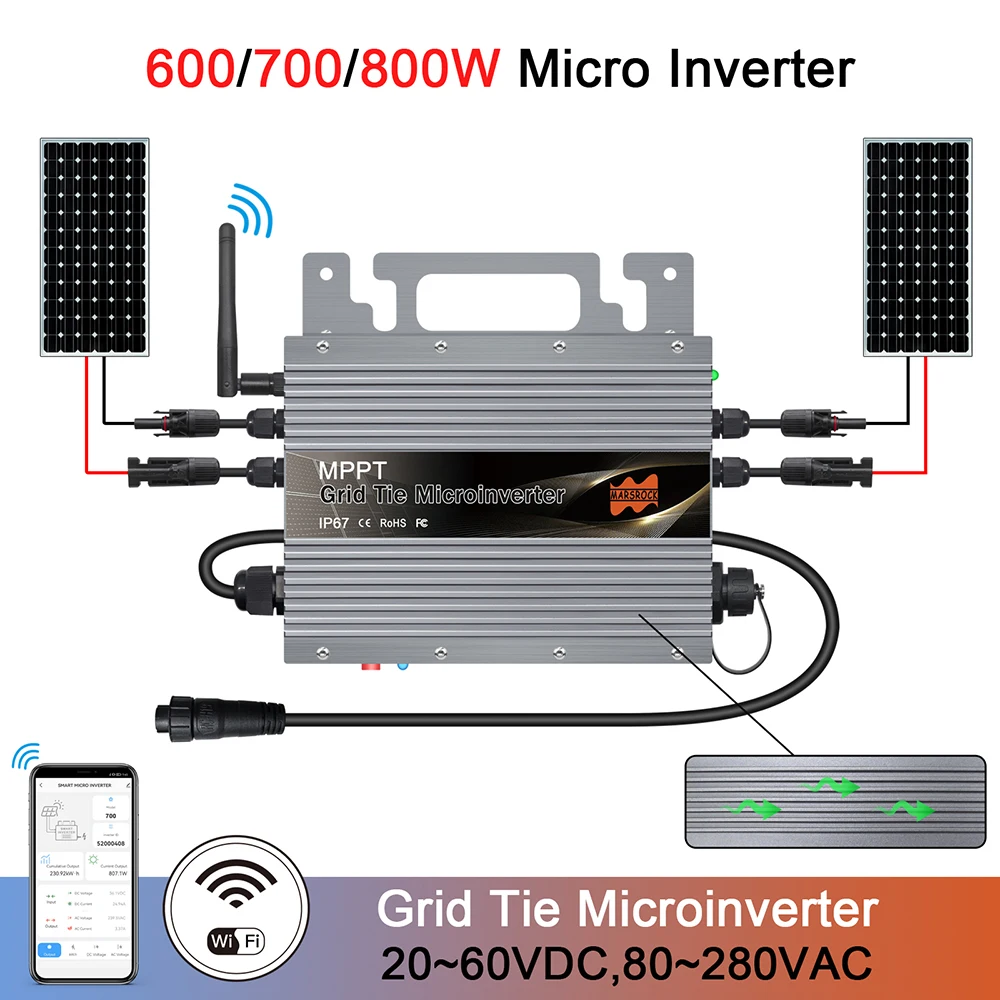 600 Вт 700 Вт 800 Вт MPPT сетчатый микро-инвертор с встроенной функцией Wi-Fi для 20-60VDC PV и 80-260VAC, с бесплатной вилкой европейского стандарта IP67