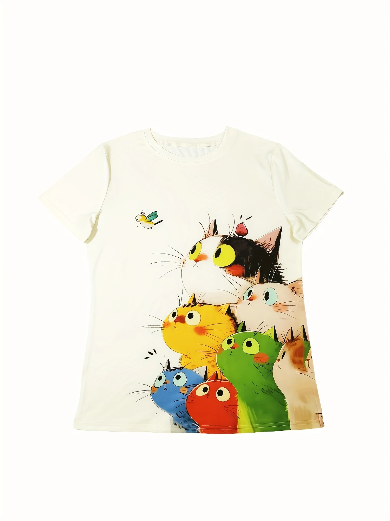 Colorful Stacked Cats Women's Tee - Cute Cartoon Feline Graphic, Playful Print for Casual Daily Wear 3