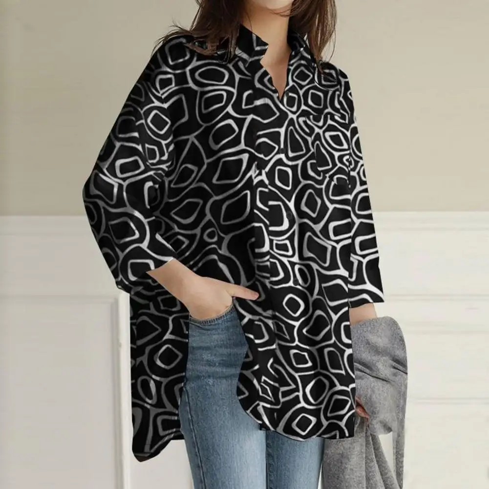 

Skin-friendly Printed Top Colorful Print Turn-down Collar Blouse for Women Loose Fit Long Sleeve Top with Chest Pocket Split Hem