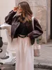 Fashion Green Leather Sleeve Loose Jacket Women Chic Laple Zipper Cropped Short Coats 2024 New Lady Casual High Street Outerwear 5
