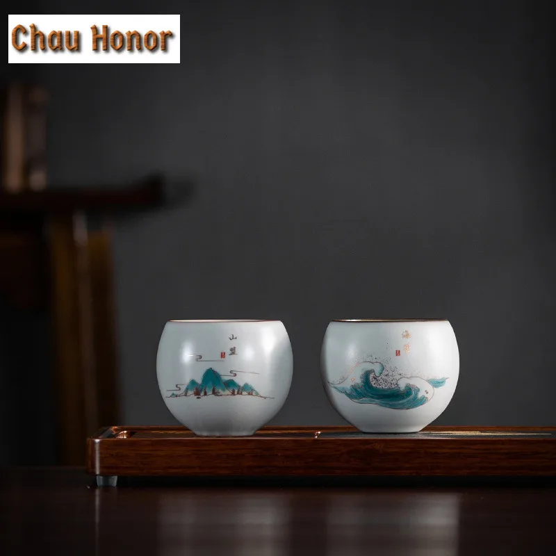 2pc130ml High-end Ru Kiln Chinese Ceramics Tea Cup  Household Kung Fu Tea Set Tea Ceremony Accessories Drinkware Gift Packaging